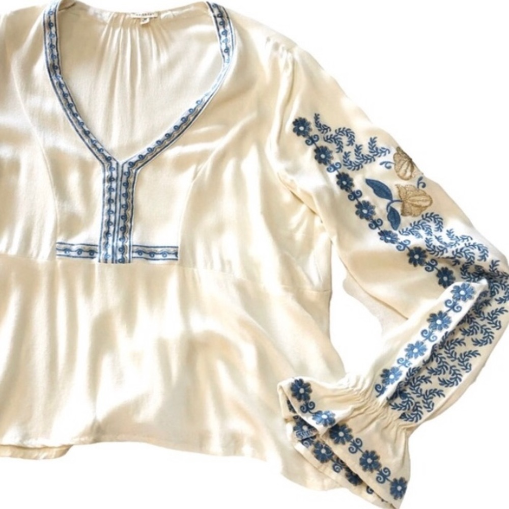 En Creme Cream Blouse with Blue Embroidered Detail